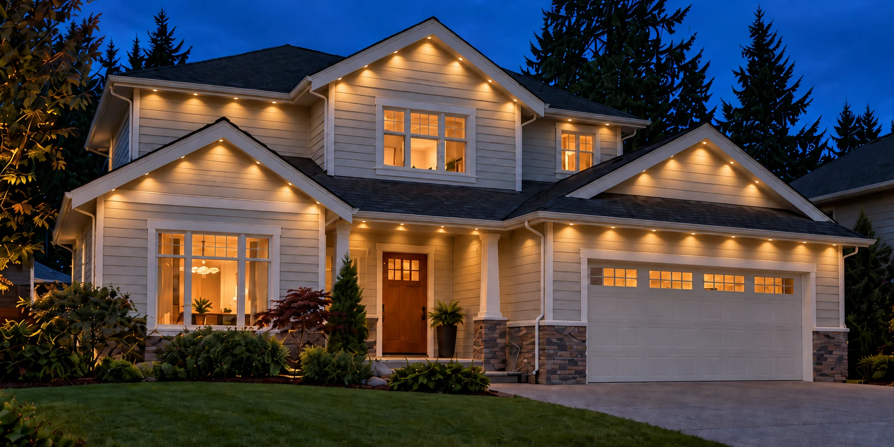 AI-generated preview of warm white soffit lighting on a two-story home