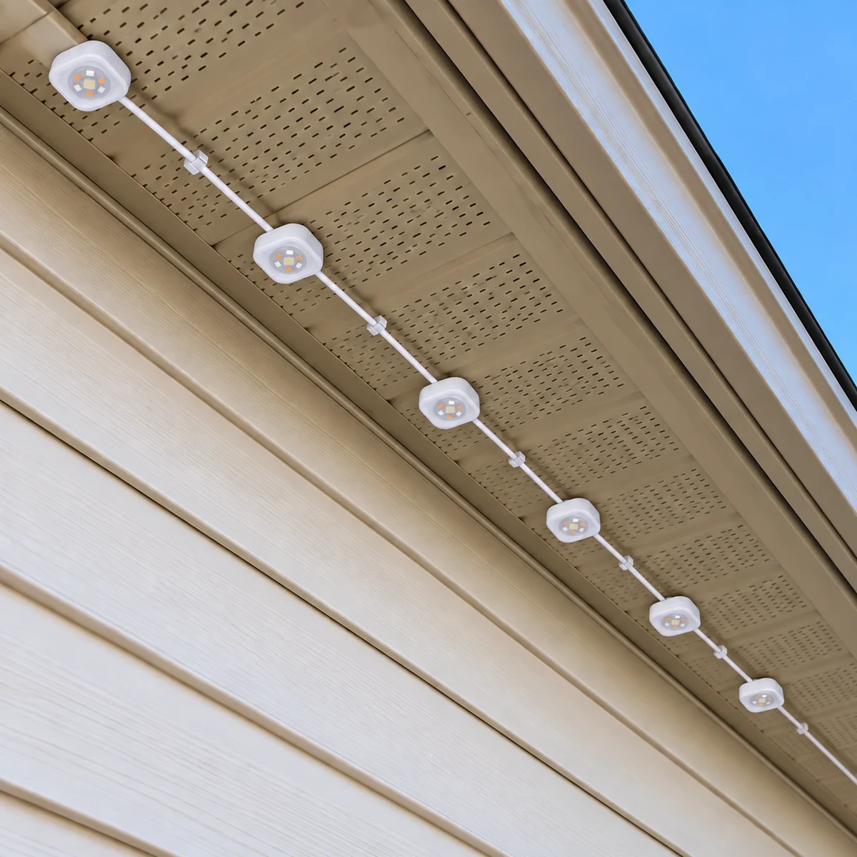 Direct soffit mounting with white PRO housings and wiring